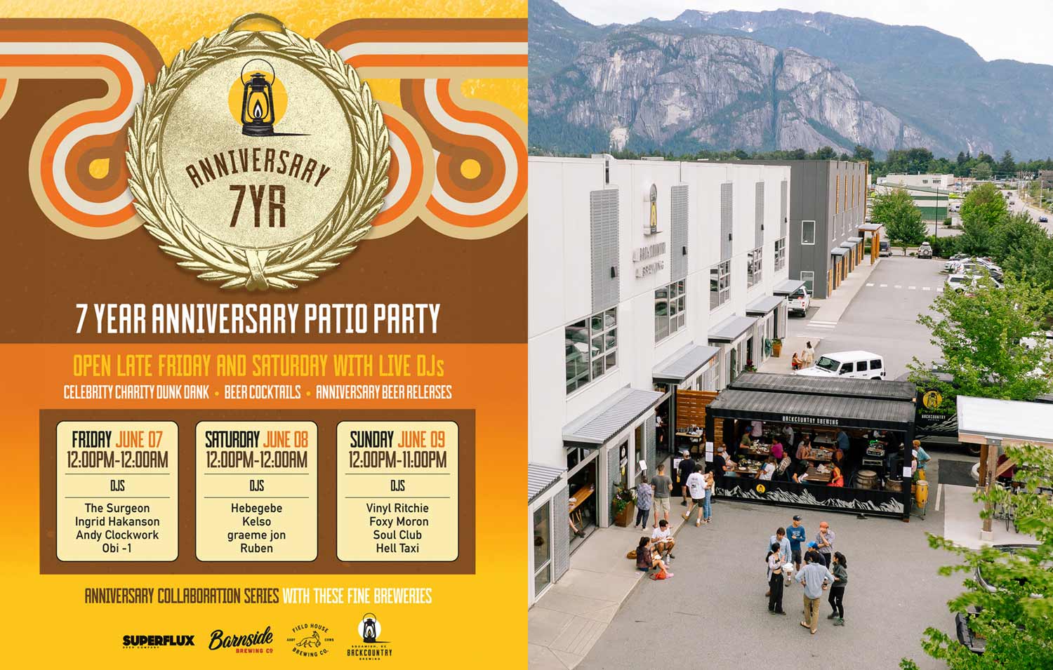 Backcountry 7 Year Anniversary Poster and image of outdoor patio party