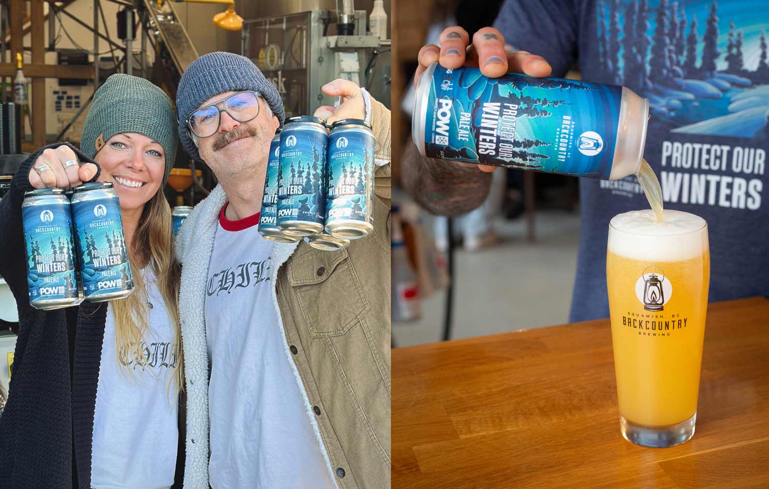 Backcountry Brewing - Protect Our Winters Fundraiser, images of people holding cans and pouring a can of the beer into a glass.